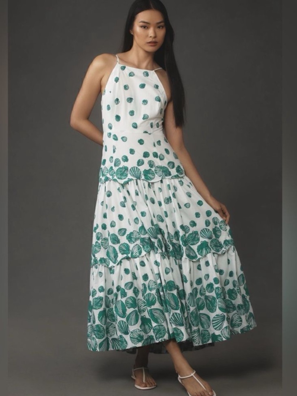 Anthropologie White Maxi Dress with Green Shell Print